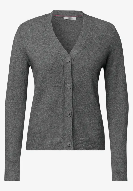 Anthrazitgraue Strickjacke mit V-Ausschnitt, langen Ärmeln und Knopfleiste.