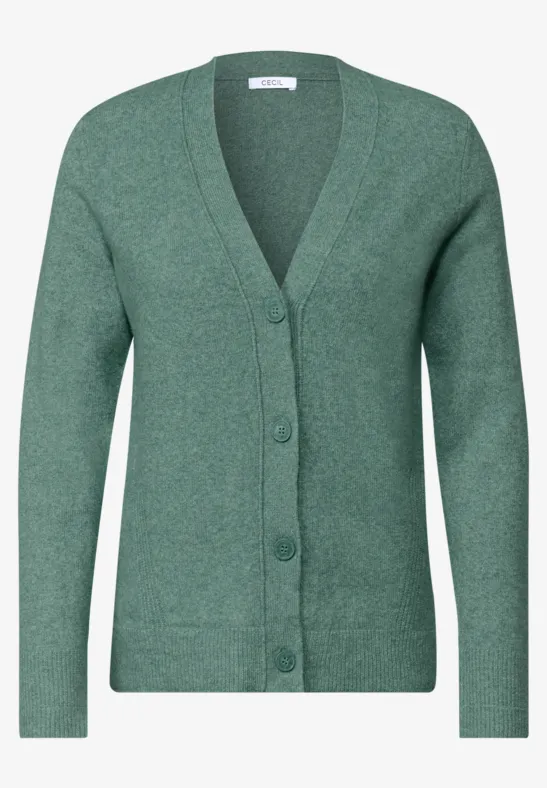 Lockere, grüne Strickjacke mit V-Ausschnitt und Knopfleiste.