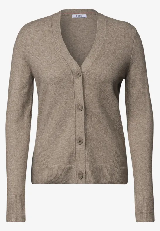 Beżowy sweter rozpinany z dekoltem w serek i guzikami, długie rękawy, prosty i elegancki.