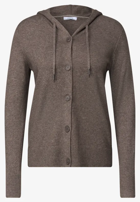 Brauner Kapuzen-Strickcardigan mit Knopfleiste und langen Ärmeln