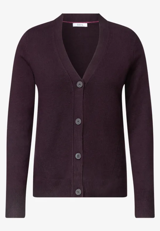 Dunkelviolette Strickjacke mit V-Ausschnitt und Knopfleiste, langärmlig, schlichtes Design