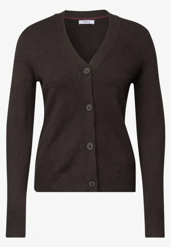 Dunkelbrauner Cardigan mit V-Ausschnitt, langen Ärmeln und drei Knöpfen.