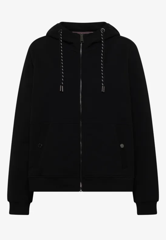 Schwarze Kapuzenjacke mit Reißverschluss, Kordelzug und aufgesetzten Taschen, lässig und vielseitig.