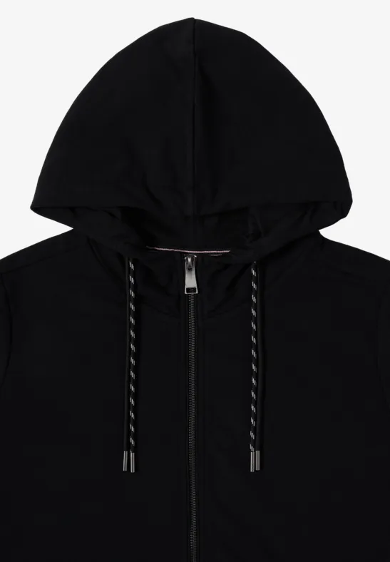 Schwarzer Kapuzenpullover mit Reißverschluss und Kordelzug