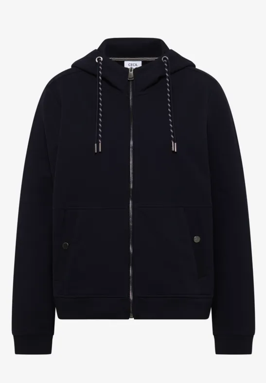 Schwarzer Kapuzenpullover mit Reißverschluss, Kängurutaschen und kontrastierenden Zugbändern.