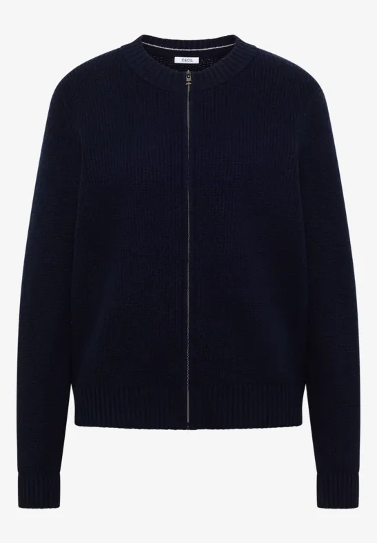 Cardigan en maille bleu foncé, zip sur le devant et encolure ronde, design épuré.