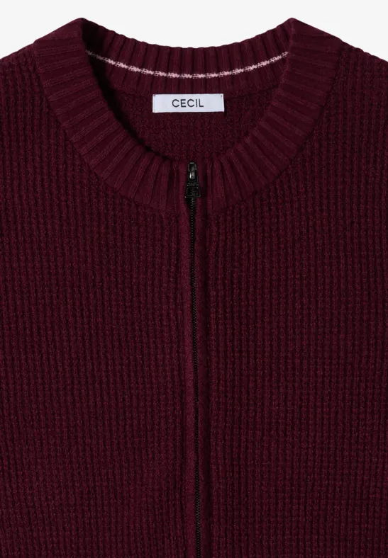 Cardigan bordeaux en grosse maille, zippé sur toute la longueur, col rond, marque CECIL.