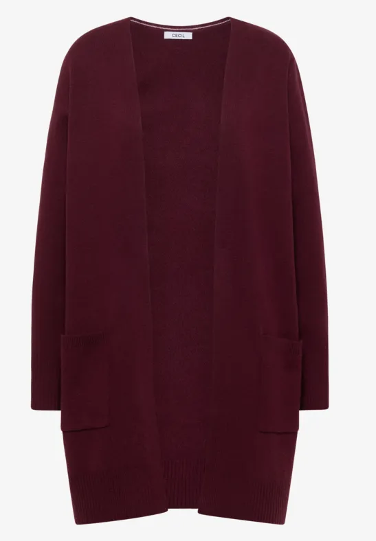 Gilet en maille bordeaux, coupe ouverte, manches longues et poches appliquées.