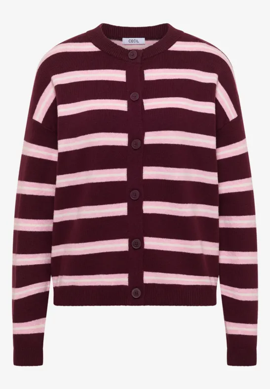 Cardigan bordeaux à rayures horizontales rose pâle, col rond et boutonnage frontal.