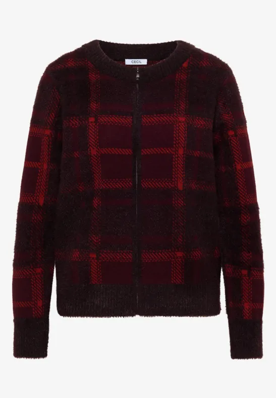 Rote-schwarze Strickjacke mit Karomuster und Reißverschluss, langärmlig