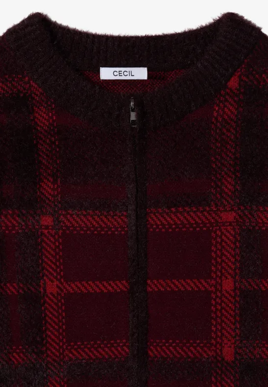 Roter und schwarzer kariertes Strick-Cardigan mit Reißverschluss und Rundhalsausschnitt.
