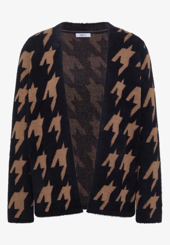 Cardigan en maille ouvert à motif pied-de-poule marron et noir