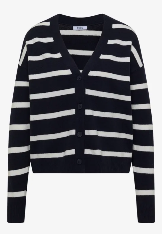 Dunkelblaue Strickjacke mit weißen Streifen und Knöpfen vorne.