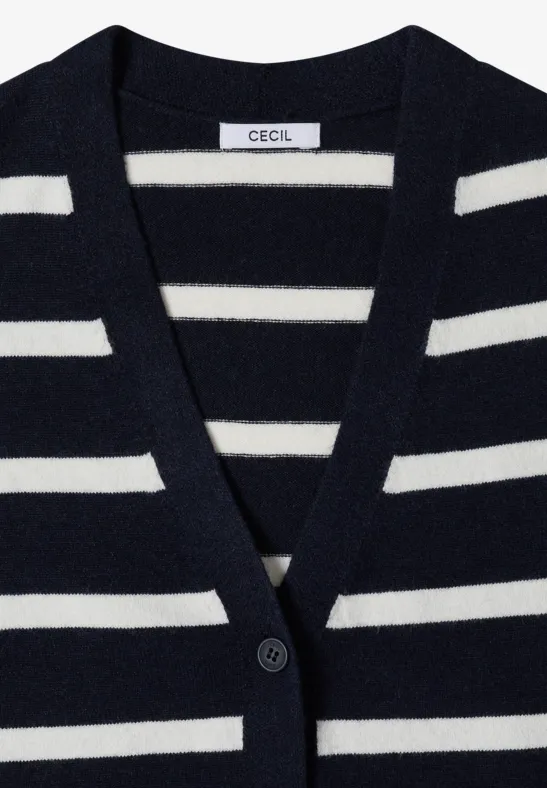Dunkelblauer Cardigan mit weißen Streifen, V-Ausschnitt und Knopf, mit „CECIL“-Label.