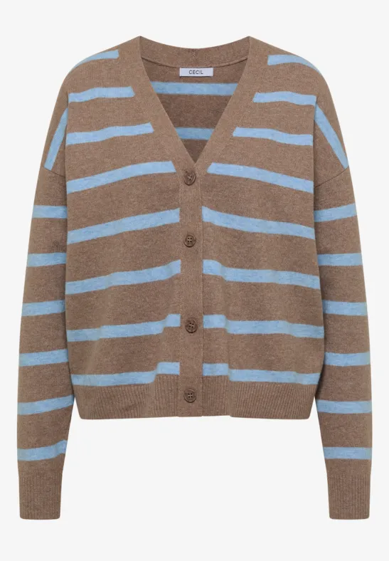 Brauner Cardigan mit hellblauen Streifen und V-Ausschnitt.