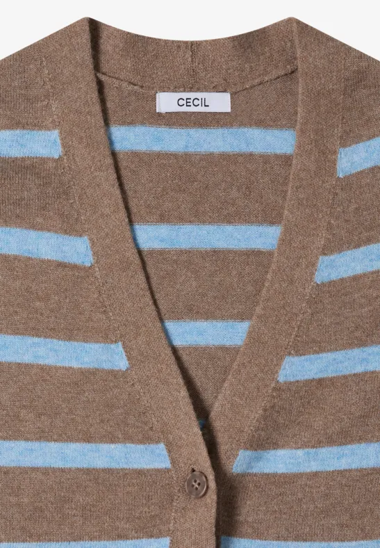 Gefalteter Strickcardigan mit braun-blauen Streifen und V-Ausschnitt von CECIL