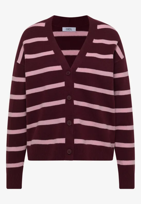 Damen-Strickjacke in Burgunderrot mit hellrosa Querstreifen, V-Ausschnitt und Knopfleiste.