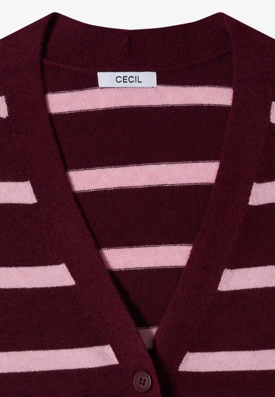 Dunkelroter Cardigan mit rosa Streifen, V-Ausschnitt und Knopfleiste.