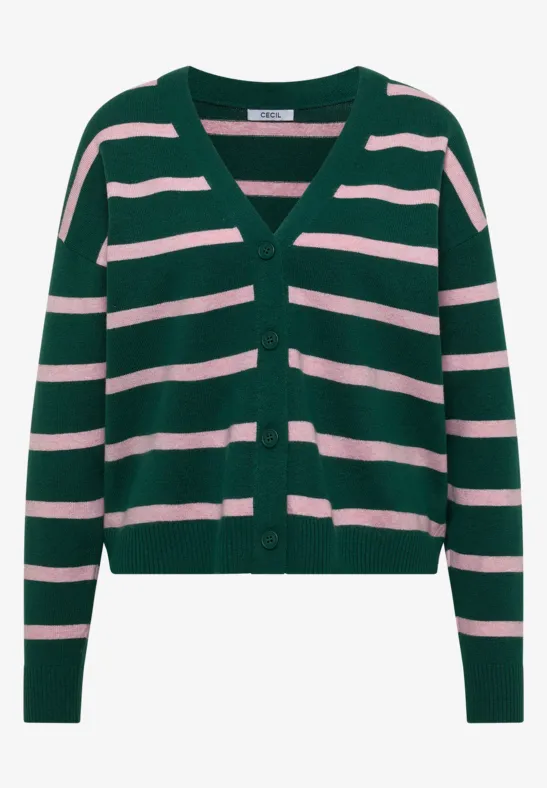 Grüne Strickjacke mit rosa Querstreifen und Knopfleiste.