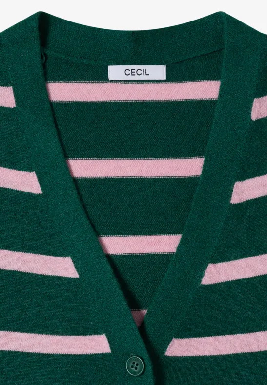 Grün-rosa gestreifter V-Neck-Cardigan mit Knopfleiste und Label-Aufnäher.