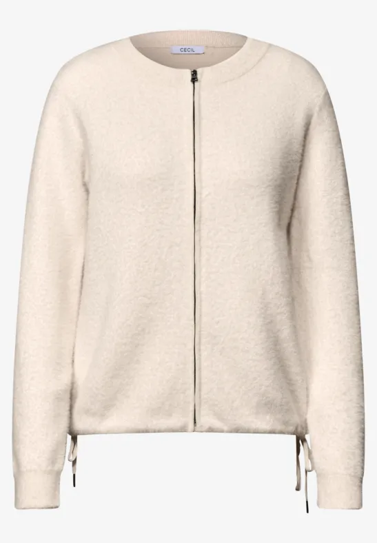 Beige fleecevest met rits, ronde hals en onderaan een koordsluiting, zacht en warm.