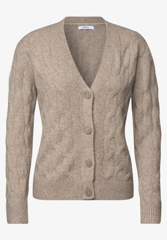Beiger Damen-Cardigan mit Zopfmuster, V-Ausschnitt, langen Ärmeln und Knopfleiste.