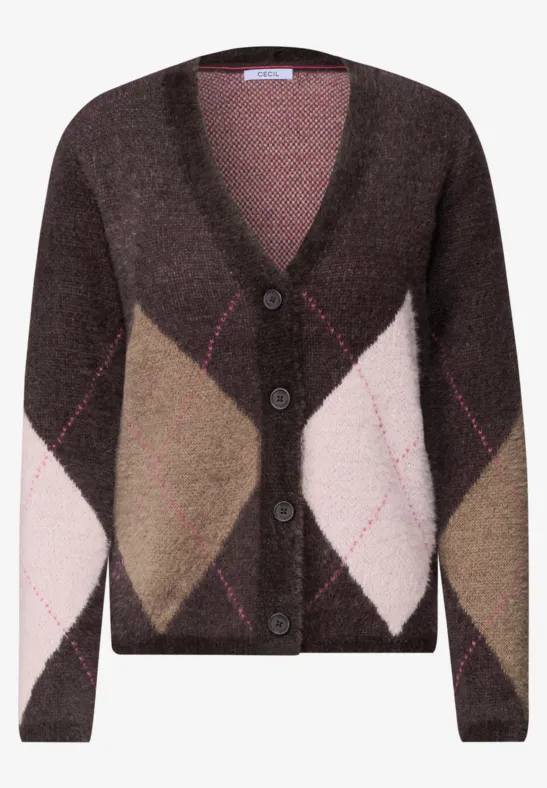 Braune Strickjacke mit Argyle-Muster in Beige und Rosa, Knopfleiste und weichem Flauschgarn.