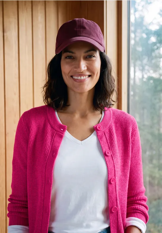 Een vrouw in een roze vest en pet lacht voor een houten wand bij een raam.