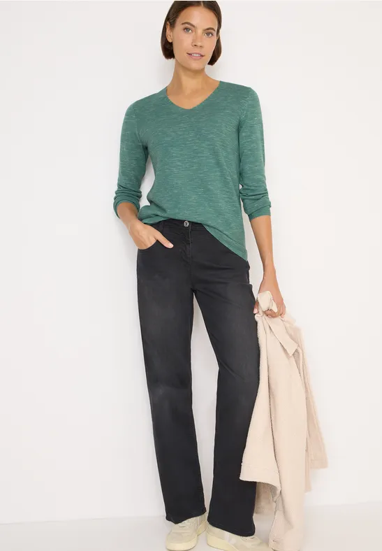 Pull à col en V smoky green heather melange