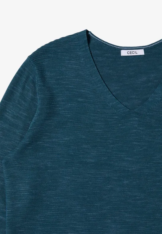 Pull à col en V teal blue heather melange