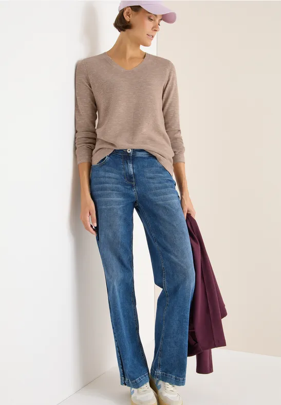 Pull à col en V toffee cream heather melange