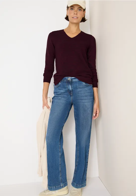 Trui met V-hals eggplant red heather melange