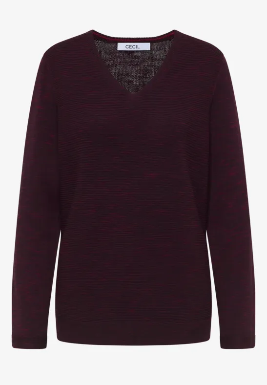 Trui met V-hals eggplant red heather melange