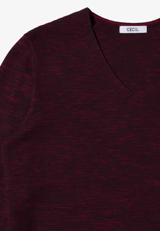Trui met V-hals eggplant red heather melange