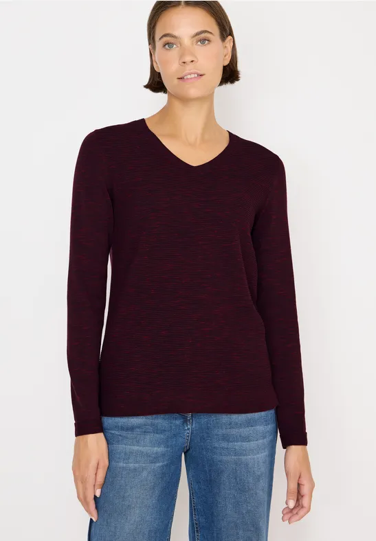 Trui met V-hals eggplant red heather melange