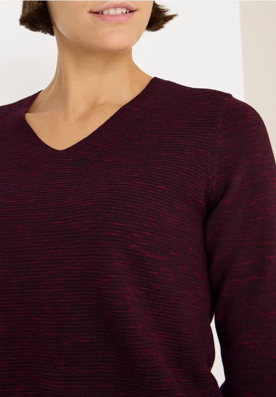 Trui met V-hals eggplant red heather melange