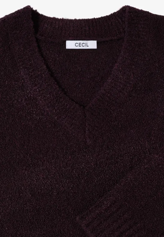 Trui met bouclé V-hals eggplant red