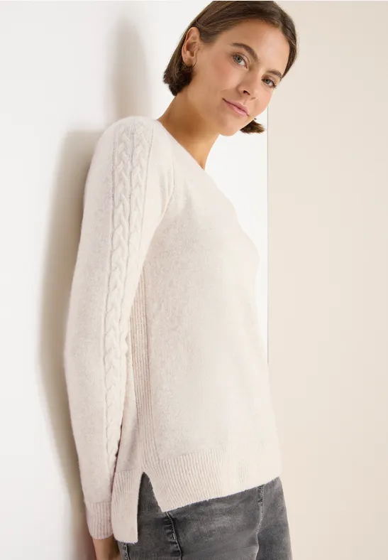 Trui met gebreid detail oat milk beige melange