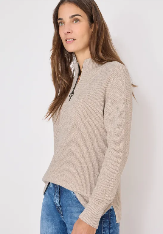 Mouliné Pullover mit Troyer sandalwood beige melange