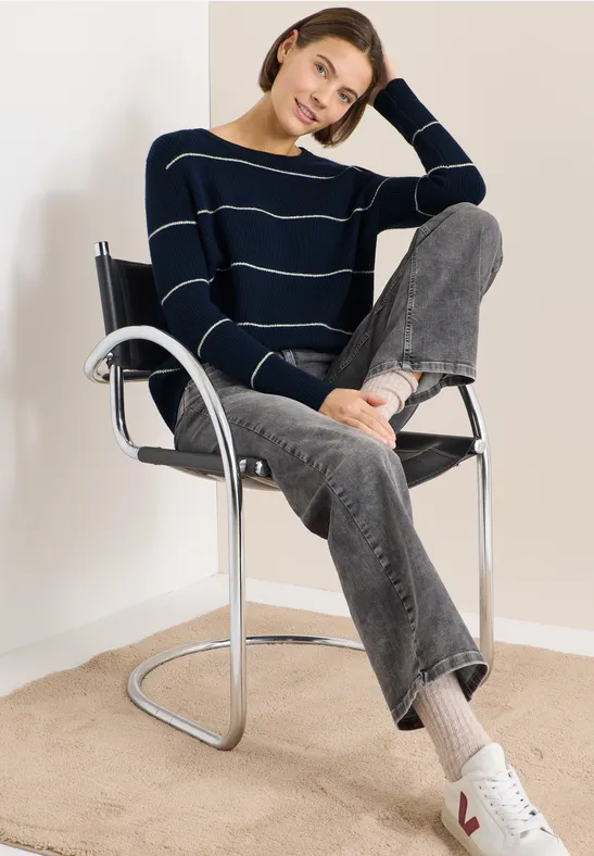 Gestreifter Strukturpullover deep denim blue melange