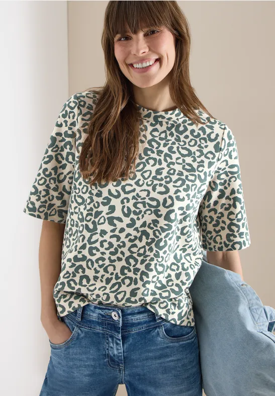 Sweat-shirt à manches courtes avec imprimé léopard macadamia beige