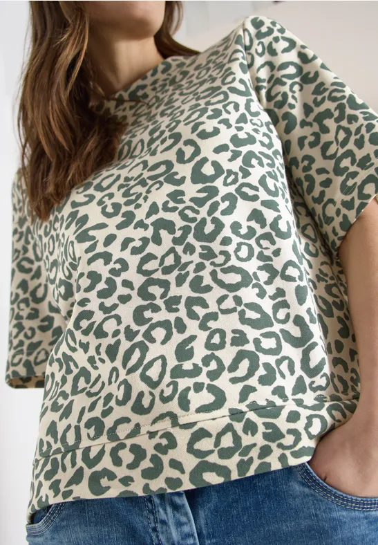 Sweat-shirt à manches courtes avec imprimé léopard macadamia beige