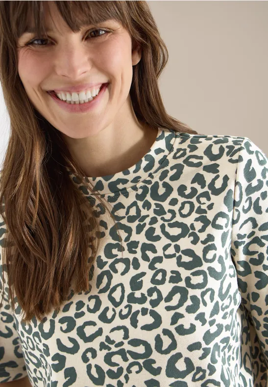 Sweat-shirt à manches courtes avec imprimé léopard macadamia beige