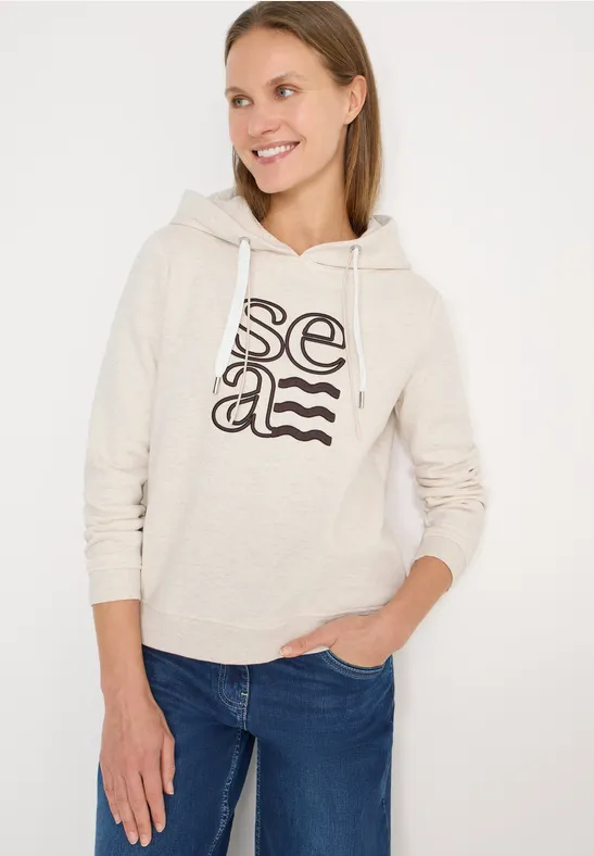 Hoodie met artwork pearl beige mel.