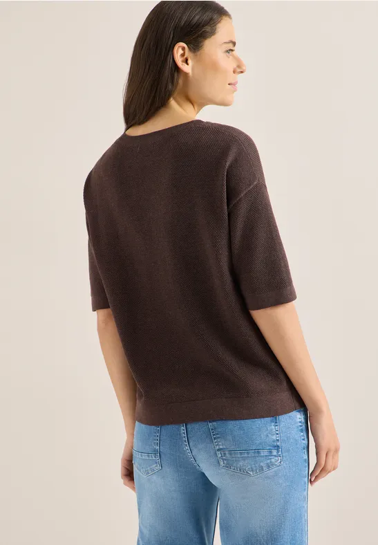 Sweter z krótkim rękawem i strukturą macchiato brown melange