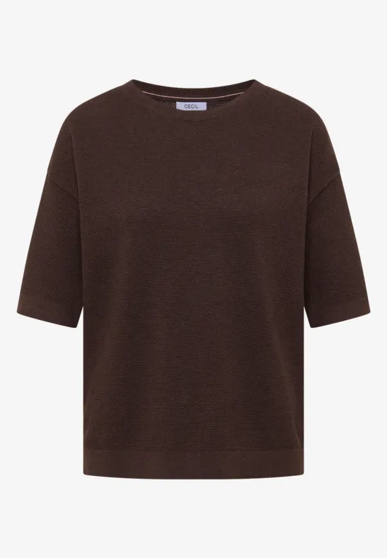 Sweter z krótkim rękawem i strukturą macchiato brown melange