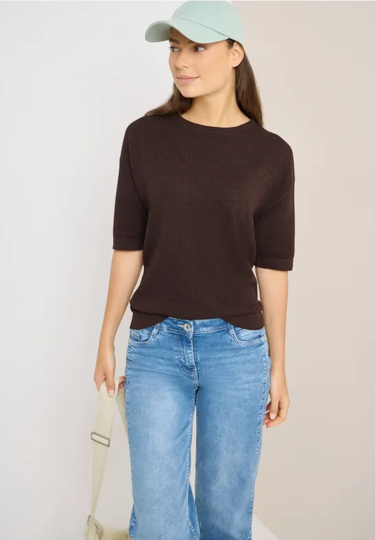 Sweter z krótkim rękawem i strukturą macchiato brown melange