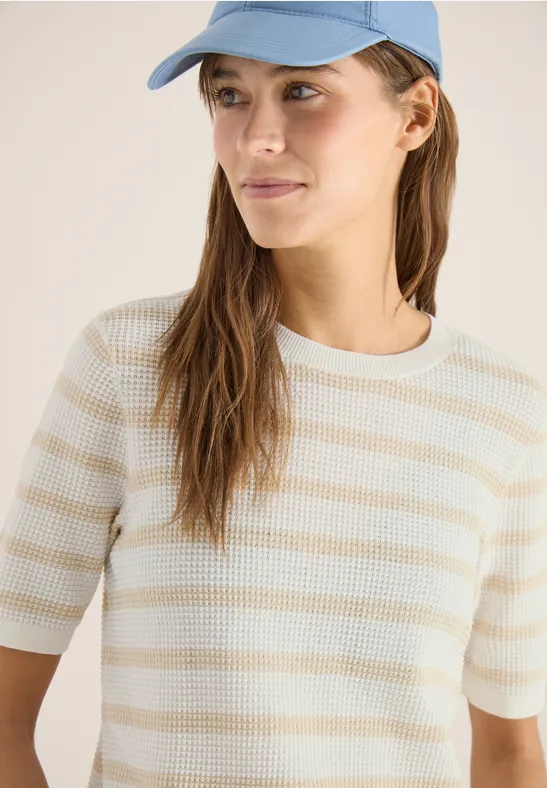 Pull à manches courtes avec structure et rayures pearl beige
