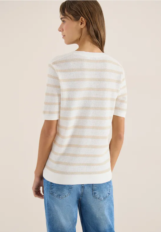 Pull à manches courtes avec structure et rayures pearl beige