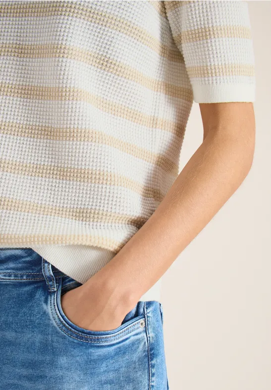 Pull à manches courtes avec structure et rayures pearl beige